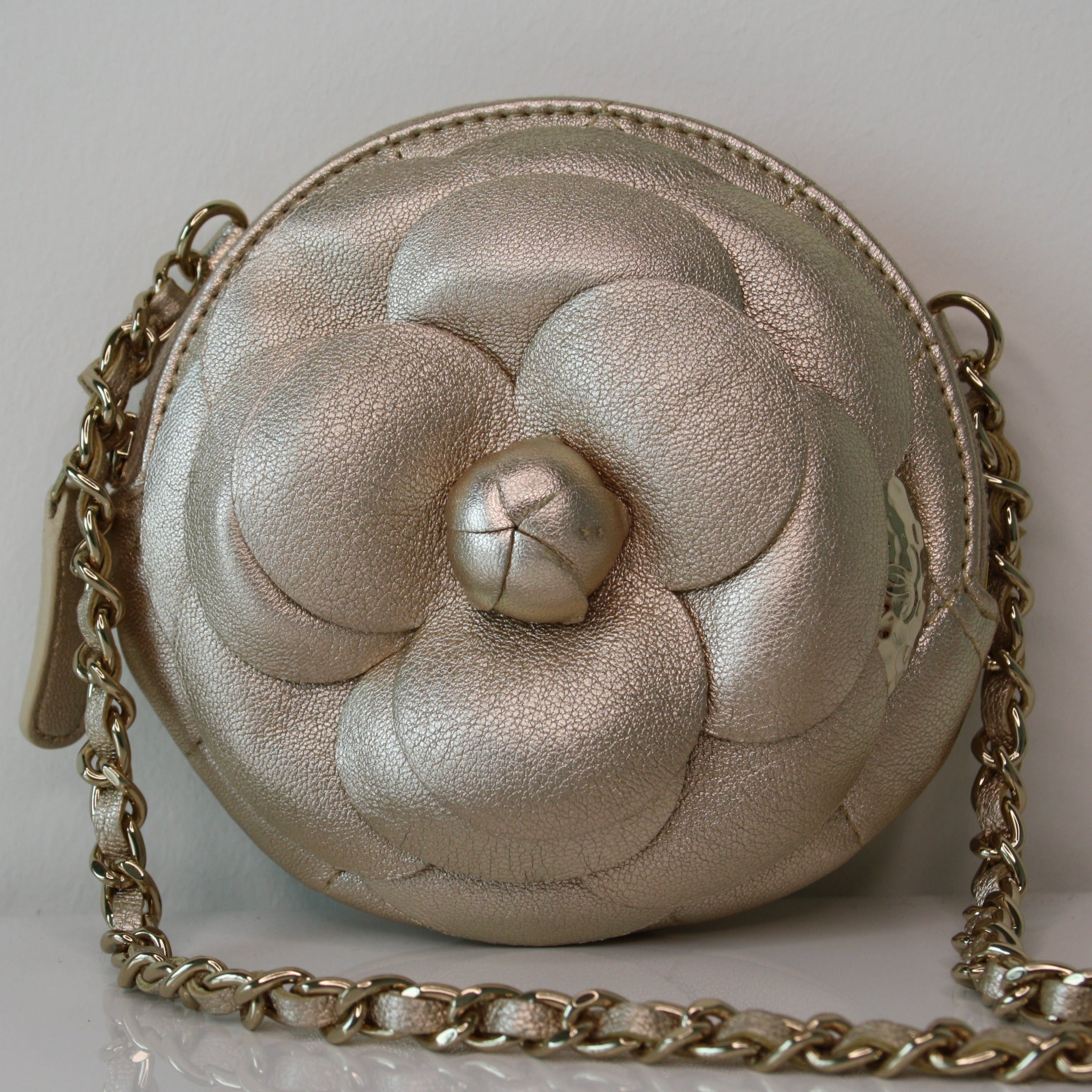 Chanel Grey Chèvre Camellia Embossed Round Clutch With Chain