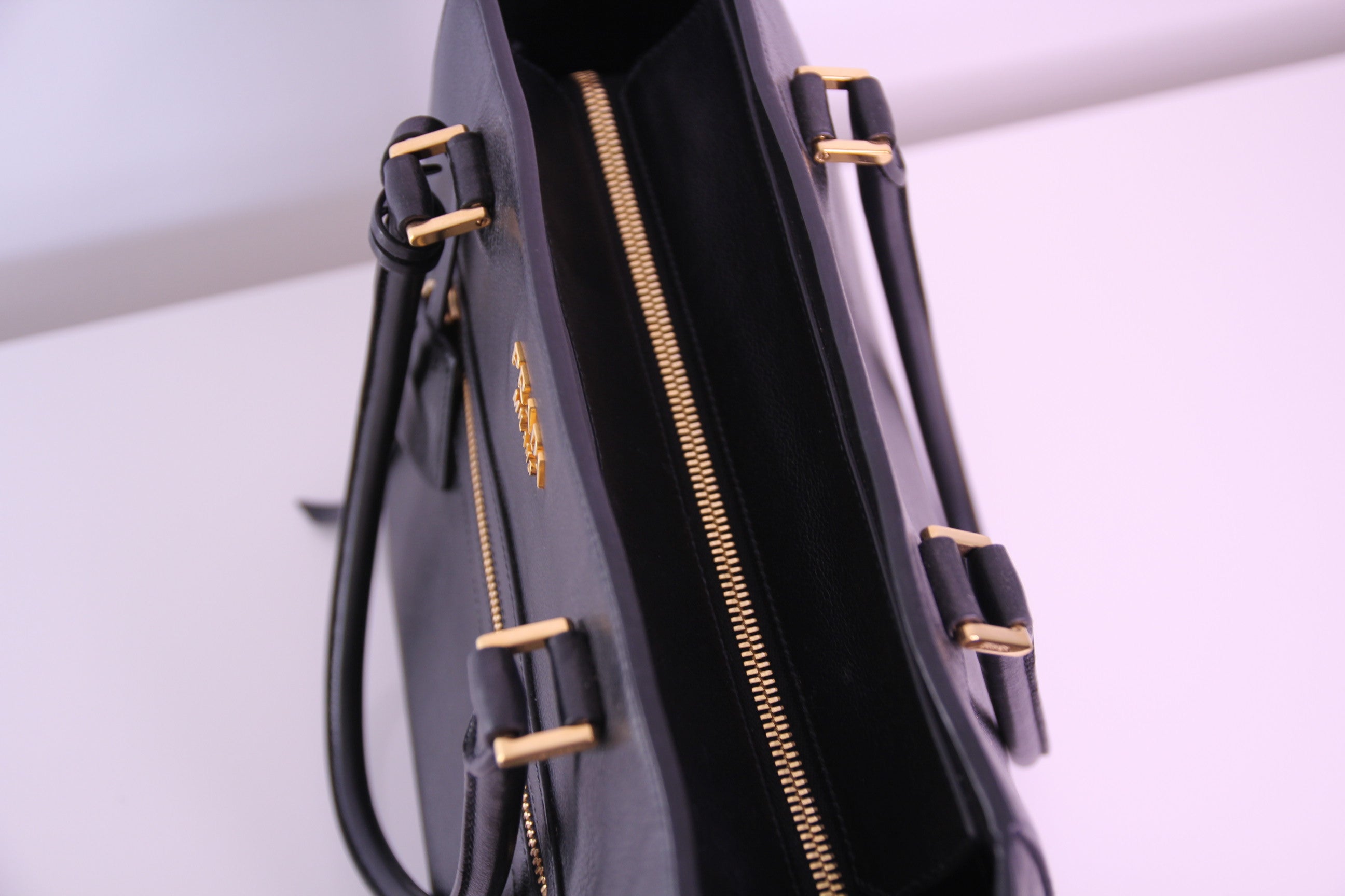 PRADA Black Glazed Calfskin Twin Pocket Tote Bag