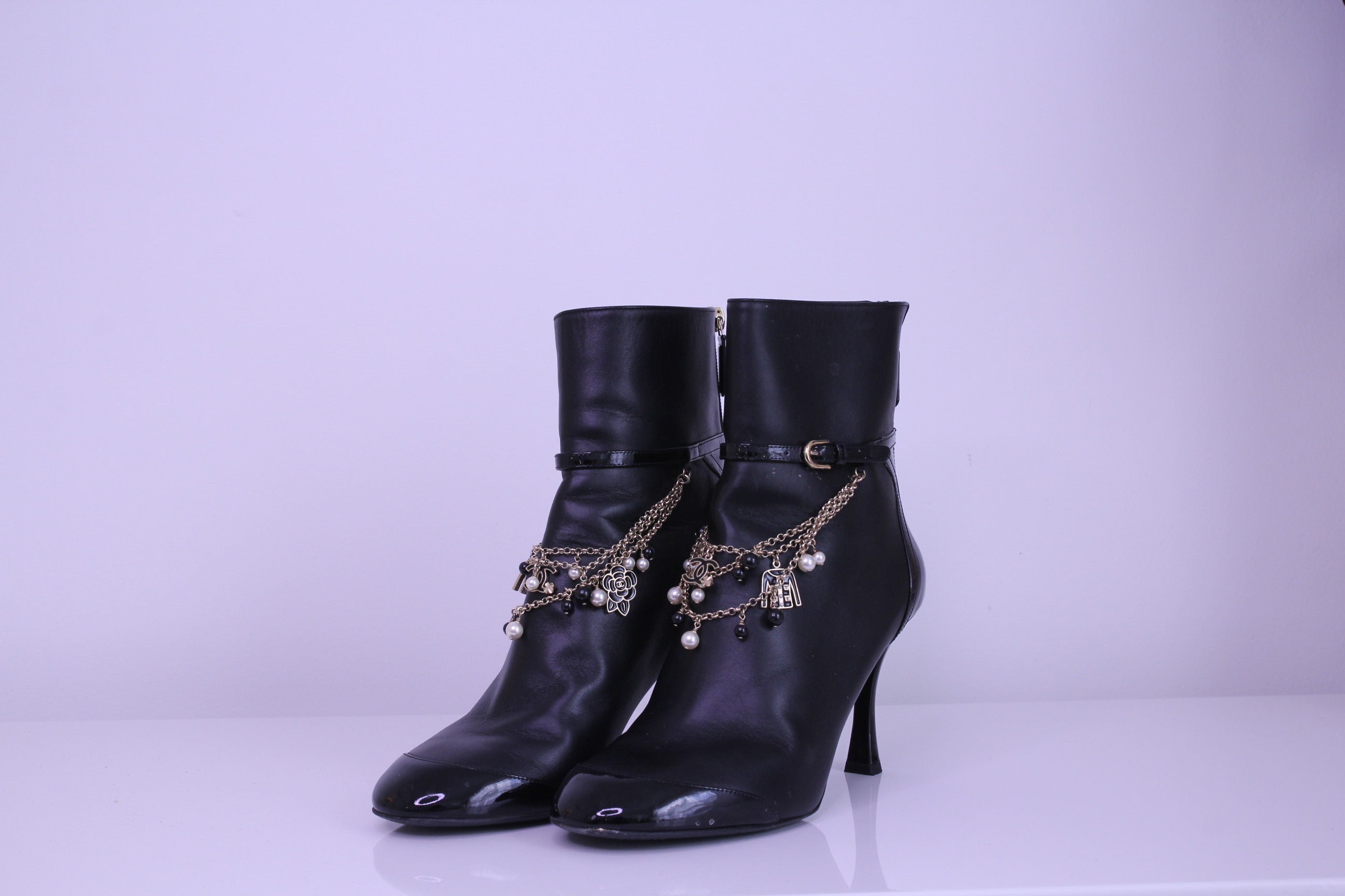 CHANEL Black Charm Heel Boots Patent and Leather Sz 40C
