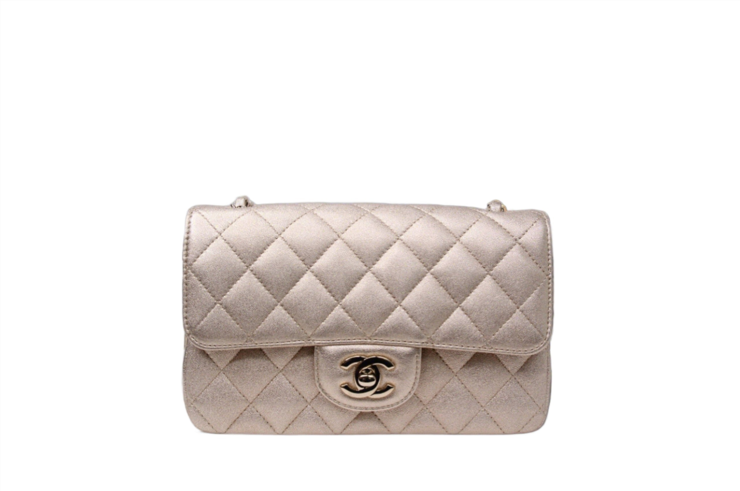 Front of Mini Chanel handbag in finished in gold lambskin