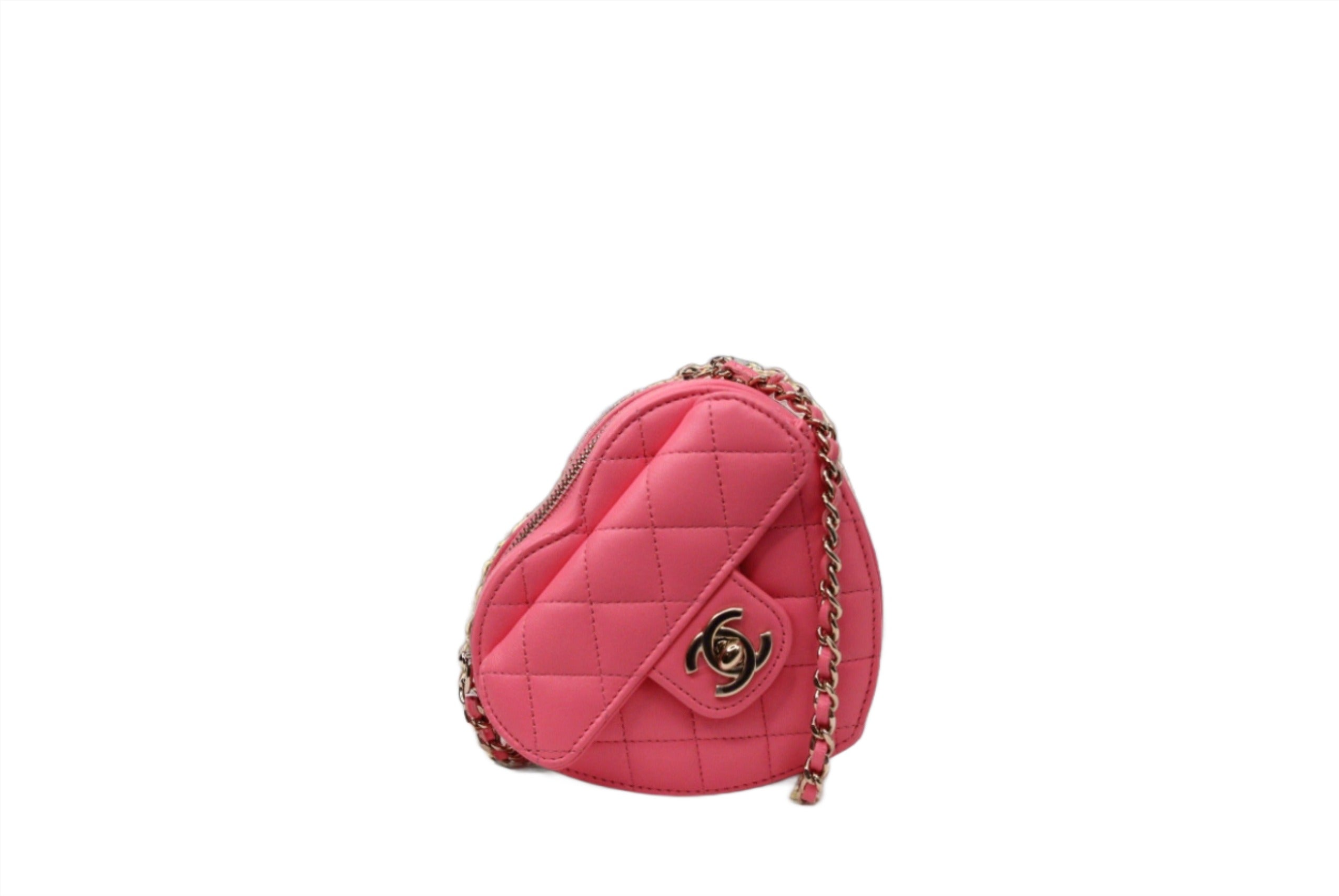 Front of the Chanel in love heart bag