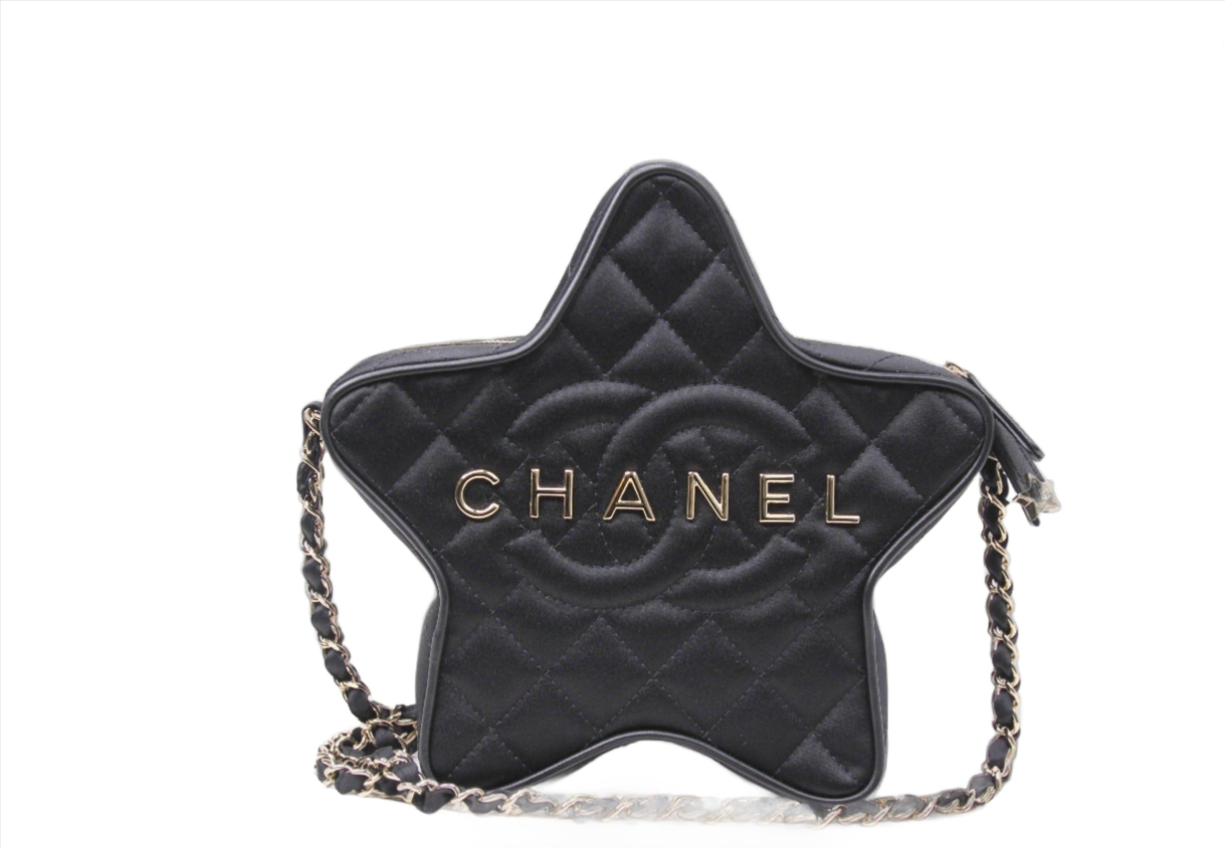Front of Chanel star handbag in finished in black satin