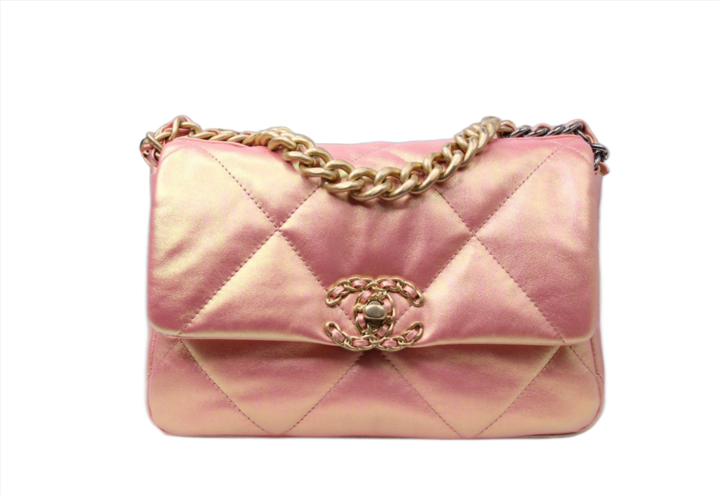 The front of a CHANEL 19 Flap Small Pink Goatskin Handbag